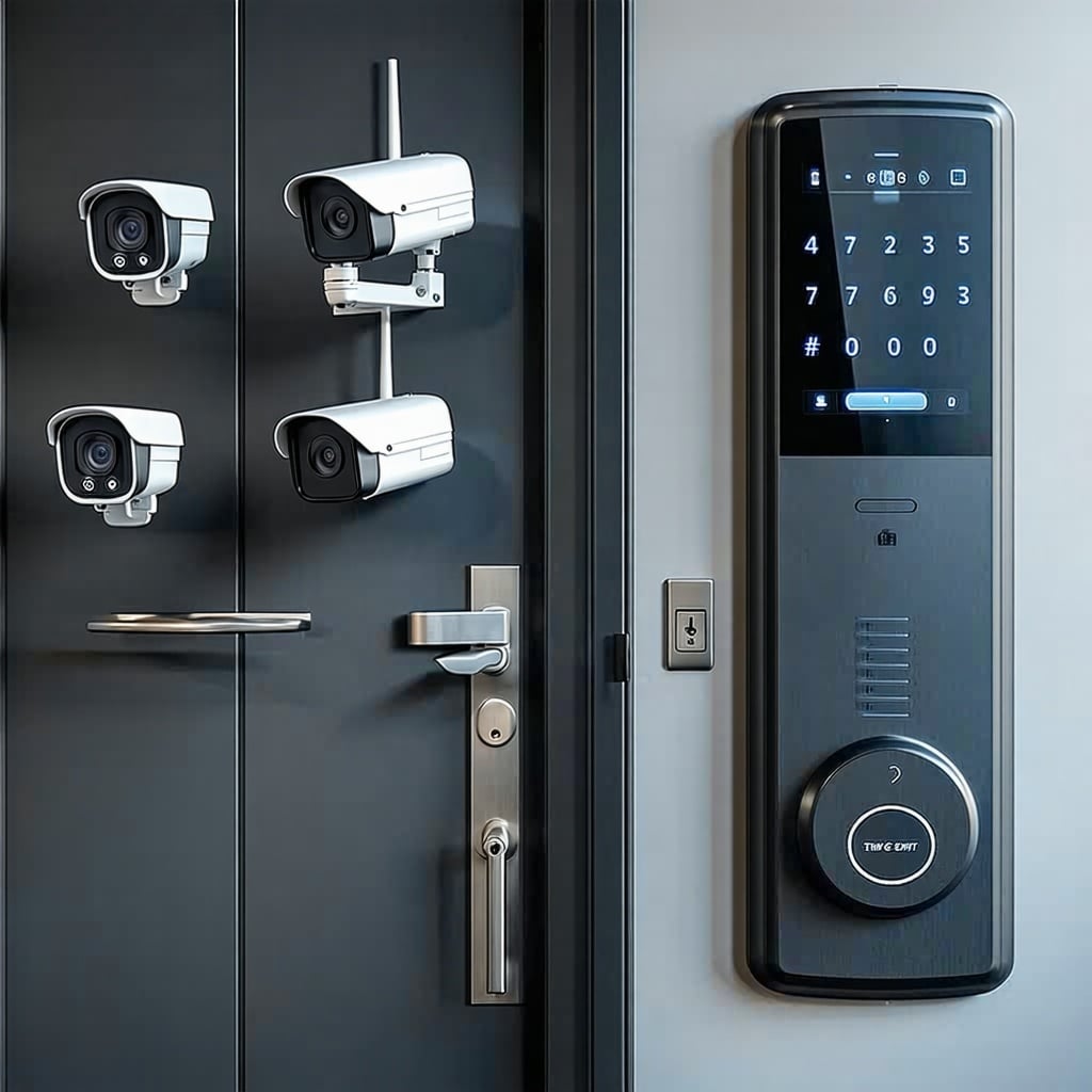 The image showcases a cutting-edge security system that prominently displays various high-tech components such as sleek surveillance cameras strategically positioned for optimal coverage and state-of-the-art smart locks that offer keyless entry and enhanced access control. The design emphasizes both functionality and modern aesthetics, highlighting the integration of technology to ensure safety and convenience in a contemporary setting. The image showcases a cutting-edge security system that prominently displays various high-tech components such as sleek surveillance cameras strategically positioned for optimal coverage and state-of-the-art smart locks that offer keyless entry and enhanced access control. The design emphasizes both functionality and modern aesthetics, highlighting the integration of technology to ensure safety and convenience in a contemporary setting.